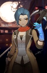 1girl badge blue_hair bow_(weapon) broken_moon brown_gloves brown_jacket brown_pants building character_name closed_mouth commentary copyright_name crossbow english_commentary eyelashes gloves glowing glowing_hand hand_up highres jacket lamppost may_marigold moon night night_sky official_art open_clothes open_jacket pants rwby shirt short_hair signature sky solo star_(sky) uyalago weapon white_shirt window yellow_eyes