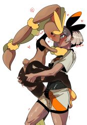 2girls abs absurdres after_kiss animal_ears bea_(pokemon) bestiality black_bodysuit black_hairband black_sclera blush bodysuit bodysuit_under_clothes bow_hairband breasts brown_fur carrying colored_sclera commission commissioner_upload crotchless crotchless_pantyhose dark-skinned_female dark_skin dawm french_kiss gen_4_pokemon grabbing_another&#039;s_ass grey_eyes grey_hair groping hairband heart heart-shaped_pupils heavy_breathing highres kiss lopunny mega_lopunny mega_pokemon multiple_girls muscular muscular_female nintendo pantyhose pink_eyes pixiv_commission pokemon pokemon_(creature) pokemon_swsh pokephilia print_shorts rabbit_ears rabbit_girl rabbit_tail saliva saliva_trail shirt short_hair short_sleeves shorts small_breasts sweat symbol-shaped_pupils tail thick_thighs thighs tied_shirt toned toned_female tongue tongue_out torn_clothes torn_pantyhose two-tone_fur very_long_ears yellow_fur yuri