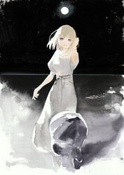 1girl bang_dream! bang_dream!_it&#039;s_mygo!!!!! baseball_cap black_hat commentary commission full_moon grey_skirt hat highres holding holding_unworn_clothes holding_unworn_hat kushima_yu looking_at_viewer medium_hair misumi_uika moon night nipples ocean open_mouth purple_eyes shirt short_sleeves skeb_commission skirt solo solo_focus togawa_sakiko unworn_hat unworn_headwear white_shirt