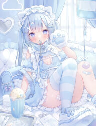 Rule 34 | 1girl, animal ears, animal hands, backpack, bag, bandaid, bandaid hair ornament, bandaid on knee, bandaid on leg, blister pack, blue bag, blue bandaid, blue dress, blue eyes, blue hair, blue theme, blue thighhighs, blush, cat paws, clothing cutout, commentary request, dated, dress, fake animal ears, food, fork, frilled dress, frills, gauze, gauze on leg, hair ornament, hairband, hairclip, heart, heart-shaped bandaid, heart cutout, highres, ice cream, intravenous drip, lolita hairband, long hair, looking at viewer, mouth hold, omochi monaka, original, pastel colors, pill, puffy short sleeves, puffy sleeves, purple bandaid, randoseru, shoes, short sleeves, shoulder cutout, signature, single thighhigh, sitting, solo, spoon, striped clothes, striped thighhighs, tenshi kaiwai, thighhighs, tray, twintails, twitter username, utensil in mouth, white shoes, wing hair ornament, x hair ornament