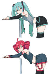 2girls absurdres ahoge arm_tattoo bent_over_furniture black_skirt black_sleeves black_thighhighs blue_eyes blue_hair blue_necktie blush closed_mouth detached_sleeves drill_hair grey_shirt grey_skirt hatsune_miku highres kasane_teto multiple_girls necktie number_tattoo red_eyes red_hair shirt skirt smile sweatdrop tattoo tenten_(chan4545) thighhighs twin_drills twintails utau vocaloid