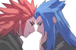 2boys axel_(kingdom_hearts) blue_hair blush closed_mouth cross_scar earrings green_eyes hand_on_another&#039;s_face imminent_kiss jewelry kingdom_hearts long_hair looking_at_another male_focus multiple_boys red_hair saix scar spiked_hair squidkid528 white_background yaoi