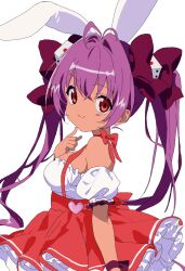 1girl animal_ears antenna_hair bare_shoulders bow breasts choker closed_mouth commentary_request crossed_bangs dark-skinned_female dark_skin detached_sleeves di_gi_charat dice_hair_ornament dot_nose finger_to_cheek hair_between_eyes hair_bow hair_intakes hair_ornament high-waist_skirt highres long_hair looking_at_viewer nekokawa_isugi off-shoulder_shirt off_shoulder pink_choker pink_skirt puffy_detached_sleeves puffy_sleeves purple_bow purple_hair purple_ribbon rabbit_ears rabbit_girl red_eyes ribbon shirt simple_background skirt sleeveless sleeveless_shirt smile solo split_mouth suspender_skirt suspenders twintails usada_hikaru very_long_hair white_background white_shirt wrist_ribbon