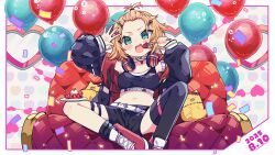 Rule 34 | 1girl, :d, akai haato, asymmetrical legwear, balloon, bare shoulders, birthday, black jacket, black shorts, black socks, black thighhighs, blonde hair, blush, boots, breasts, commentary request, couch, crop top, cropped shirt, dated, feet out of frame, fork, green eyes, highres, holding, holding fork, hololive, jacket, long sleeves, looking at viewer, medium breasts, midriff, multiple thigh straps, navel, notamaru 2, open clothes, open jacket, open mouth, red boots, shirt, short hair, shorts, single sock, single thighhigh, sitting, sleeveless, sleeveless shirt, smile, socks, solo, thighhighs, uneven legwear, virtual youtuber