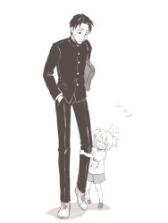 1boy 1girl :3 aged_down asama_hirotaka bag blonde_hair child fang hands_in_pockets highres horror_(theme) hugging_another&#039;s_leg inubousaki_shioi looking_down monochrome nikubami_honegishimi runarica0914 school_bag school_uniform sketch