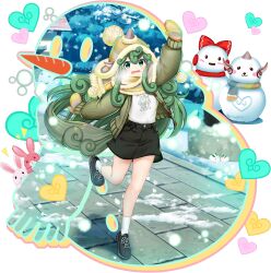 Rule 34 | 1girl, alternate costume, arm up, black shoes, black skirt, breath, cardigan, carrot, character snowman, curly hair, full body, game cg, green cardigan, green hair, hakurei reimu, headwear request, heart, highres, horns, komainu ears, komainu girl, komainu tail, komano aunn, komano aunn (busy at new year&#039;s), leg up, long hair, long sleeves, looking at viewer, mittens, official art, open cardigan, open clothes, open mouth, outdoors, rotte (1109), scarf, shirt, shoes, single horn, skirt, snow, snow rabbit, snowing, snowman, socks, solo, standing, standing on one leg, stuffed animal, stuffed rabbit, stuffed toy, tail, third-party source, touhou, touhou lostword, transparent background, very long hair, white shirt, white socks, winter clothes, yellow mittens, yellow scarf