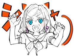 1girl animal_ears arms_up blue_eyes blush cat_ears cat_tail ceras_yanagida_lilienfeld hair_ribbon hasu_no_sora_school_uniform link!_like!_love_live! long_hair looking_at_viewer love_live! partially_colored paw_pose ribbon school_uniform solo sweat tail white_background yukiri_takashi