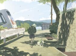 1boy animal barefoot bug building butterfly carrying cat chain-link_fence child commentary dappled_sunlight day dog_mask falling_leaves feet fence grass highres insect kusamie leaf mask motor_vehicle original road scenery shorts sky solo sunlight symbol-only_commentary tree van wind