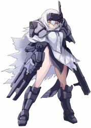 1girl armor armored_boots assault_rifle boots breasts cape cloak full_body gauntlets gluteal_fold goddess_of_victory:_nikke gun hair_between_eyes headgear holding holding_gun holding_weapon karukan_(monjya) long_hair looking_at_viewer mecha_musume mechanical_arms no_panties rifle shoulder_armor simple_background single_mechanical_arm snow_white_(nikke) solo standing thighs torn_cloak torn_clothes transparent_background visor_(armor) weapon white_background white_cape white_cloak white_hair yellow_eyes