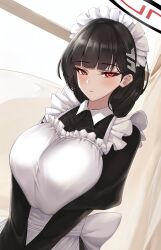 1girl absurdres apron black_dress black_hair blue_archive blush breasts commentary crimecrime dress hair_ornament hairclip halo highres huge_breasts long_hair long_sleeves looking_at_viewer maid maid_headdress red_eyes rio_(blue_archive) solo white_apron