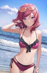 1girl arm_at_side arm_up armpits bangle bare_arms bare_shoulders bead_bracelet beads bikini black_panties blue_sky blush bracelet breasts brown_hair cleavage cloud cowboy_shot day english_text eyewear_on_head frilled_bikini frills front-tie_top hair_between_eyes halterneck hand_in_own_hair jewelry layered_bikini looking_at_viewer love_live! love_live!_school_idol_project medium_breasts multicolored_bikini navel nishikino_maki ocean outdoors panties panties_under_swimsuit parted_lips purple_eyes red_bikini red_hair shamakho short_hair side-tie_bikini_bottom signature sky solo standing stomach string_bikini swept_bangs swimsuit tinted_eyewear underwear waves white-framed_eyewear
