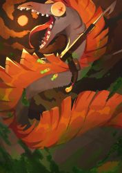 +_+ absurdres animal_focus artist_name brown_sky cloud colored_sclera eel fish full_moon gao_(kohozuna) harpoon highres mohawk moon night nintendo no_humans open_mouth orange_eyes original outdoors pouch red_hair salmon_run_(splatoon) signature slime_(substance) solo splatoon_(series) tassel teeth tongue tongue_out yellow_sclera