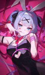 1girl absurdres animal_ears bare_shoulders black_leotard blue_eyes blue_hair bow bowtie card clothing_cutout commentary_request cuffs cutout_above_navel detached_collar fake_animal_ears finger_to_mouth hair_ornament handcuffs hands_up hatsune_miku heart_cutout highres leotard licking_lips long_hair looking_at_viewer multicolored_hair nail_polish pink_hair pink_pupils playboy_bunny playing_card rabbit_hole_(vocaloid) red_bow red_bowtie red_nails shali solo teardrop_facial_mark tongue tongue_out twintails two-tone_hair v vocaloid x_hair_ornament