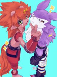 2boys blue_background blue_fur body_fur broken_horn clenched_hand digimon digimon_(creature) flamon furry furry_male gauntlets green_eyes highres horns long_hair male_focus multiple_boys pants pointy_ears red_hair red_pants red_tail simple_background slit_pupils standing strabimon takeda_conomi v white_fur white_pants yellow_eyes