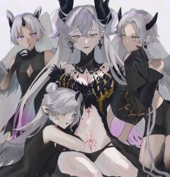 4girls black_dress breasts demon_girl demon_horns demon_wings dress extra_horns fate/grand_order fate_(series) fuyotan green_eyes grey_hair grey_wings highres horns large_breasts lilin_(fate) lilith_(fate) lilith_(third_ascension)_(fate) long_hair looking_at_viewer medium_hair mother_and_daughter multiple_girls pointy_ears single_horn skeletal_hand snake very_long_hair wings yellow_eyes