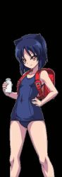 1girl akaga_hirotaka animal_ears animated animated_gif aq_interactive arcana_heart backpack bag bare_legs blue_hair breasts brown_eyes daidouji_kira drinking female_focus hand_on_own_hip happy looking_at_viewer milk one-piece_swimsuit randoseru school_swimsuit shiny_skin short_hair small_breasts smile solo standing swimsuit thighs