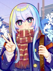 1girl absurdres backpack bag blue_coat blue_eyes blue_jacket blush coat heizi highres holding jacket long_hair long_sleeves looking_at_viewer multicolored_eyes multicolored_hair original outdoors scarf school_bag smile solo upper_body v