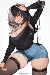 1girl artist_name belt black_belt black_choker black_hair black_nails black_shirt black_thighhighs blue_shorts blush braces breasts choker clenched_teeth commentary denim denim_shorts english_commentary fingernails greatodoggo hand_on_own_thigh highres hololive hololive_english large_breasts leaning_to_the_side long_hair long_sleeves looking_at_viewer multicolored_hair nail_polish patreon_logo patreon_username see-through_clothes see-through_shirt shiny_clothes shiny_skin shiori_novella shirt shorts simple_background split-color_hair teeth thighhighs thighs torn_clothes torn_shirt torn_shorts torn_thighhighs twitter_username two-tone_hair v v_over_head virtual_youtuber white_background white_hair yellow_eyes yorick_(shiori_novella)