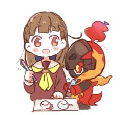 Rule 34 | 1girl, 1other, :d, black bow, bluesky021, bow, braid, brown dress, brown hair, center-flap bangs, charcadet, crossover, drawing (object), dress, hair bow, hasu no sora school uniform, holding, holding pen, kachimachi kosuzu, link! like! love live!, long hair, long sleeves, looking at another, love live!, neckerchief, nintendo, open mouth, orange eyes, pen, pokemon, pokemon (creature), sailor collar, sailor dress, school uniform, side ahoge, side braids, simple background, smile, standing, virtual youtuber, white background, white sailor collar, winter uniform, yellow neckerchief