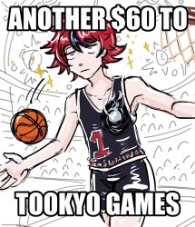 1boy armpits ball basketball basketball_(object) basketball_court basketball_hoop basketball_jersey basketball_shorts black_hair blue_eyes collarbone english_text highres impact_(font) male_focus multicolored_eyes multicolored_hair red_eyes red_hair simple_background sketch solo sumino_takumi the_hundred_line_-last_defense_academy-