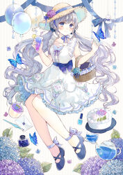 1girl balloon basket blue_bow blue_butterfly blue_eyes blue_nails blue_ribbon blue_shoes blush bow brown_hair bug butterfly cake closed_mouth commentary_request cosmetics cup dress flower food grey_eyes grey_hair hat hat_ribbon highres hydrangea inkwell insect letter long_hair looking_at_viewer nail_polish nail_polish_bottle nib_pen_(object) original pen purple_flower ribbon shoes sleeveless sleeveless_dress smile straw_hat striped_background teacup teapot tententuyu vertical-striped_background very_long_hair wavy_hair white_background white_dress