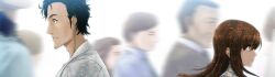 Rule 34 | 1boy, 1girl, absurdres, adam&#039;s apple, back-to-back, beard stubble, black hair, blurry, blurry background, brown hair, brown jacket, brown pants, clenched teeth, coat, collarbone, collared shirt, facial hair, from side, game cg, grey eyes, hair between eyes, hair over shoulder, highres, huke, jacket, jacket partially removed, lab coat, long hair, long sleeves, makise kurisu, messy hair, motion blur, official art, okabe rintarou, outdoors, pants, parted lips, purple eyes, realization, ringed eyes, shirt, square pupils, steins;gate, stubble, t-shirt, teeth, white coat, white shirt, wide-eyed