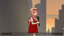 Rule 34 | 1girl, blonde hair, collared shirt, commentary, english text, eyewear on head, flandre scarlet, fourth wall, highres, holding, holding microphone, microphone, one side up, pointy ears, puffy short sleeves, puffy sleeves, red eyes, red skirt, red vest, shirt, short hair, short sleeves, skirt, stage, symbol-only commentary, touhou, vest, white shirt, wings, yoruny