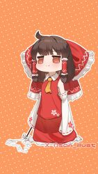 1girl artist_name brown_eyes brown_hair chibi closed_mouth collared_shirt commentary_request gohei hakurei_reimu highres holding holding_gohei japanese_clothes long_sleeves miko necktie nsan orange_background orange_necktie red_shirt red_skirt shirt skirt sleeves_past_fingers sleeves_past_wrists smile solo touhou yukkuri_shiteitte_ne