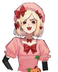 1girl bead_necklace beads blonde_hair bow bowtie commentary_request hat highres ihwa0283 jewelry lambdadelta looking_at_viewer necklace open_mouth parted_bangs pink_hat red_bow red_bowtie red_eyes short_hair simple_background smile solo umineko_no_naku_koro_ni white_background