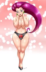 1girl 2018 arms_behind_head artist_name bare_legs big_hair black_panties black_shoes blue_eyes blush breasts breasts_squeezed_together cleavage collarbone covering_breasts covering_privates curvy dated earrings female_focus full_body game_freak gradient_background groin hair_slicked_back hands_up highres jessie_(pokemon) jewelry knees large_breasts legs lips long_hair looking_at_viewer navel nintendo panties parted_lips pink_background pokemon pokemon_(anime) purple_hair red_lips shiny_skin shoes signature skindentation solo speeds standing team_rocket thigh_gap thighs topless_female underboob underwear white_background wide_hips