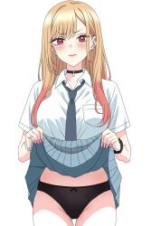 1girl bisque_doll_wa_koi_wo_suru black_choker black_panties blonde_hair bow bow_panties breasts choker clothes_lift commentary cowboy_shot ear_piercing earrings grey_necktie grey_skirt highres jewelry kitagawa_marin large_breasts lifting_own_clothes long_hair looking_at_viewer necktie panties piercing red_eyes school_uniform senor_h shirt simple_background skirt skirt_lift solo sono_bisque_doll_wa_koi_wo_suru thighs underwear variant_set white_background white_shirt
