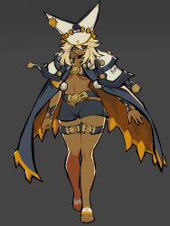 1girl absurdres animal_ears armor belt belt_buckle black_belt black_cape black_shorts blonde_hair breasts buckle cape chest_belt commentary dark-skinned_female dark_skin dot_nose english_commentary eyebrows_hidden_by_hair fake_animal_ears full_body grey_background guilty_gear guilty_gear_xrd hair_between_eyes hair_flaps hat highres jojcachu long_hair long_sidelocks loose_belt messy_hair navel open_belt open_clothes open_shorts pauldrons peaked_cap ramlethal_valentine short_shorts shorts shoulder_armor sidelocks smile solo thigh_belt thigh_strap thighs two-sided_cape two-sided_fabric walking white_hat wristband yellow_cape yellow_eyes