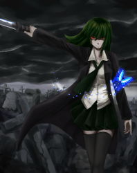 1girl black_thighhighs bug butterfly character_request cloud coat cross dark female_focus grave green_hair highres insect long_sleeves necktie original outdoors outstretched_arm outstretched_hand red_eyes ruins school_uniform short_hair shou_mai sky smirk solo square-end_necktie sword thighhighs weapon zettai_ryouiki