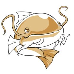 brown_eyes catfish commentary_request fins fish full_body itani_illust limited_palette namazu_(touhou) no_humans simple_background solo touhou white_background