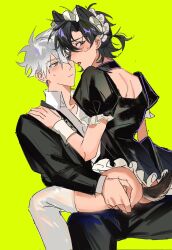2boys alternate_costume animal_ears ass back black_collar black_dress black_eyes black_hair black_jacket black_pants blush cheng_xiaoshi closed_mouth collar collared_shirt crossdressing dog_boy dog_ears dog_tail dress enmaided feet_out_of_frame frilled_dress frills grabbing_another&#039;s_ass green_background grey_eyes groping hair_between_eyes hand_on_another&#039;s_shoulder highres implied_sex invisible_chair jacket kemonomimi_mode long_sleeves looking_at_another looking_at_viewer looking_back lu_guang maid maid_headdress male_focus multiple_boys no_panties open_mouth pants ponytail puffy_short_sleeves puffy_sleeves shannontay67979 shiguang_dailiren shirt short_dress short_hair short_ponytail short_sleeves simple_background sitting sitting_on_lap sitting_on_person sweatdrop tail thighhighs tongue tongue_out trap white_hair white_shirt white_thighhighs wrist_cuffs yaoi yellow_background