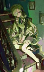 1girl absurdres apron black_dress black_shoes collared_dress dark dress flower frilled_dress frills full_body grey_eyes grey_hair hair_flower hair_ornament hair_over_one_eye highres iinagi_(kashiwa_keira) indoors isekaijoucho juliet_sleeves kamitsubaki_studio long_hair long_sleeves looking_at_viewer maid maid_apron maid_headdress mary_janes neck_ribbon one_eye_covered portrait_(object) puffy_sleeves ribbon shoes sitting sitting_on_stairs sleeve_cuffs solo stairs thighhighs virtual_youtuber white_apron white_thighhighs