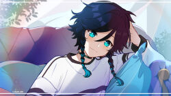 1boy absurdres alternate_costume aqua_eyes aqua_hair black_choker black_hair braid choker closed_mouth genshin_impact gradient_hair highres lkari_shi long_hair long_sleeves looking_at_viewer male_focus multicolored_hair shirt smile solo twin_braids venti_(genshin_impact) white_shirt
