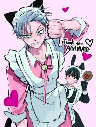 2boys alien_stage animal_ears apron bell black_dress black_eyes black_gloves black_hair black_necktie blush cat_ears commentary_request crossdressing dress frilled_apron frills gloves green_eyes grey_hair heart highres holding holding_sign ivan_(alien_stage) korean_commentary maid maid_headdress male_focus multiple_boys neck_bell necktie official_alternate_costume official_art pink_background pink_dress pink_ribbon rabbit_ears ribbon second-party_source short_hair sign simple_background thank_you thumbs_down till_(alien_stage) very_short_hair vivinos white_apron