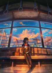 1girl bag black_footwear black_hair black_jacket black_pantyhose black_skirt blue_sky blunt_bangs boots cloud commentary_request cumulonimbus_cloud evening flower highres holding holding_flower jacket legs_together long_hair moon original pantyhose red_eyes scenery school_bag school_uniform shuu_illust sitting skirt sky torii train_interior windmill window
