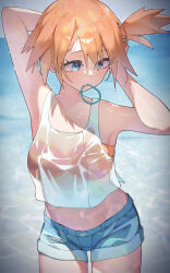1girl armpits arms_up bandeau bikini bikini_under_clothes blue_eyes blue_shorts breasts crop_top denim denim_shorts hair_tie hair_tie_in_mouth highres midriff misty_(pokemon) mouth_hold navel nintendo orange_hair pokemon pokemon_lgpe rindoriko shirt short_hair short_shorts shorts side_ponytail solo swimsuit wet wet_clothes white_shirt