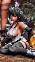 1girl 3d ass black_hair black_leotard breasts curvy forest full_body highleg highleg_leotard highres iroha_(samurai_spirits) large_breasts leotard lips looking_to_the_side maid maid_headdress nature ryona samurai_spirits screencap shiny_skin short_hair sideboob sitting thighhighs third-party_edit thong_leotard wide_hips