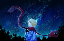 Rule 34 | 1boy, black gloves, blonde hair, blue eyes, camera, coat, fate/grand order, fate/requiem, fate (series), gloves, highres, holding, holding camera, male focus, night, night sky, official alternate costume, reanisu lunashi, red scarf, scarf, sky, star (sky), starry sky, voyager (fate), white coat