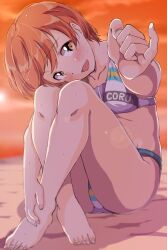 Rule 34 | 1girl, bare arms, bare legs, barefoot, beach, bikini, blurry, blurry background, blush, collarbone, feet, fingernails, full body, head tilt, highres, hoshizora rin, looking at viewer, love live!, love live! school idol project, open mouth, orange hair, outdoors, outstretched arm, sen (sen0910), short hair, sitting, smile, solo, sunlight, swimsuit, toenails, yellow eyes