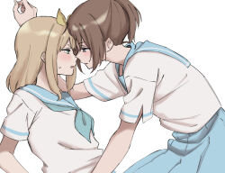 2girls blue_eyes blue_sailor_collar blue_skirt blush brown_hair commentary eye_contact green_eyes hair_ribbon half_updo hibike!_euphonium highres imminent_kiss kabedon kitauji_high_school_uniform liz_to_aoi_tori lone_nape_hair looking_at_another medium_hair multiple_girls nakagawa_natsuki parted_lips pleated_skirt ribbon sailor_collar school_uniform serafuku shirt short_hair short_sleeves simple_background skirt sweatdrop syonosuke9573 white_background white_shirt yellow_ribbon yoshikawa_yuuko yuri