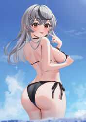 1girl absurdres ass bare_shoulders bikini black_bikini black_hair blush breasts cleavage grey_hair hair_between_eyes hair_ornament highres hololive large_breasts long_hair multicolored_hair nikahoshikuzu open_mouth outdoors red_eyes sakamata_chloe side-tie_bikini_bottom smile solo streaked_hair swimsuit tongue tongue_out virtual_youtuber x_hair_ornament