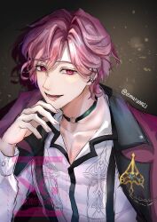 1boy artist_name black_background black_choker choker earrings emarunn21 ikemen_villain jewelry liam_evans male_focus open_mouth red_eyes red_hair short_hair