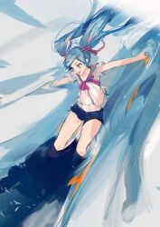 1girl absurdres black_shirt blue_eyes blue_hair blue_shorts bow bowtie hair_ribbon hatsune_miku highres long_hair looking_to_the_side open_mouth outstretched_arms pink_bow pink_bowtie pink_ribbon pink_sailor_collar ribbon sailor_collar sekiranun_graffiti_(vocaloid) hatsune_miku_(shiny) shirt short_sleeves shorts sidelocks smile solo twintails very_long_hair vocaloid water white_shirt yyb