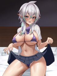 1girl :d areola_slip bad_id bad_twitter_id bikini bikini_under_clothes blouse blue_eyes blue_nails blush breasts clothes_lift collared_shirt copyright_request covered_erect_nipples elf fang fingernails hair_between_eyes hair_ornament hairclip highleg highleg_bikini large_breasts lifting_own_clothes looking_at_viewer micro_bikini nail_polish navel onedoo open_clothes open_mouth open_shirt pink_nails pleated_skirt pointy_ears purple_bikini purple_nails shirt short_sleeves sidelocks skin_fang skirt skirt_lift smile solo swimsuit thighs white_shirt