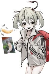 1girl arrow_(symbol) backpack bag bag_charm bandaid bandaid_on_leg black_eyes black_mouth blood charm_(object) commentary cowboy_shot creature_and_personification crime_prevention_buzzer crossed_bandaids english_commentary fangs fish_hook grey_hair grey_jacket grey_shirt hair_between_eyes highres injury jacket legs_together light_blush long_sleeves looking_at_viewer maggot object_through_head ompf open_clothes open_jacket open_mouth original pale_skin personification photo_inset randoseru red_bag reference_inset shirt sleeves_past_wrists smile solo standing track_jacket twintails white_background