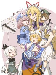 5girls absurdres aged_down animal_ear_fluff animal_ears back_bow black_hairband black_ribbon blonde_hair blue_bow blue_hat blue_kimono blue_sash blue_tabard blush_stickers bow bowtie broken broken_sword broken_weapon brown_eyes brown_hair carrying carrying_person cat_ears cat_girl cat_tail chen child chinese_commentary closed_eyes closed_mouth clothes_grab commentary_request crying crying_with_eyes_open dress fox_girl fox_tail frilled_bow frilled_dress frilled_sleeves frills frown green_hat green_skirt green_vest hair_between_eyes hair_intakes hair_ribbon hairband hat hat_ribbon highres holding holding_sword holding_weapon japanese_clothes kimono kitsune konpaku_youmu long_hair long_sleeves mob_cap multiple_girls multiple_tails obi open_mouth pink_hair puffy_short_sleeves puffy_sleeves purple_tabard qiukui022 red_ribbon ribbon ribbon-trimmed_bow ribbon_trim saigyouji_yuyuko sash shirt shoes short_hair short_sleeves sidelocks skirt skirt_tug smile speech_bubble sweat sweatdrop sword tabard tail tearing_up tears touhou triangular_headpiece two_tails vest weapon white_dress white_hair white_hat white_shirt white_shoes yakumo_ran yakumo_yukari yellow_bow yellow_bowtie